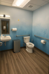 Our attention to detail extends to every corner of the office, including a clean, accessible restroom with calming artwork.